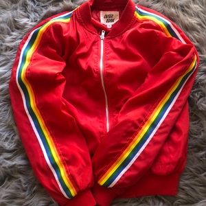 Rainbow striped red bomber jacket